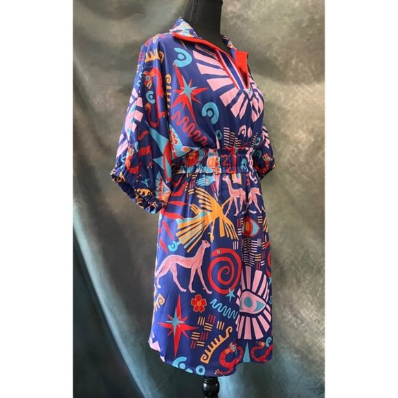 New Emily McCarthy Palmer Dress M Blue Red Print Boho Collared Short Sleeve - Picture 4 of 9